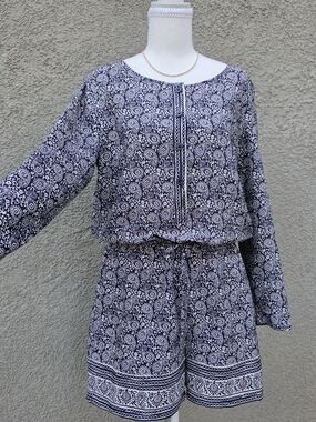 Women's Navy and White Printed Long-Sleeve Romper